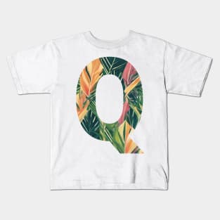 A pattern of vintage tropical leaves filling the letter Q Kids T-Shirt